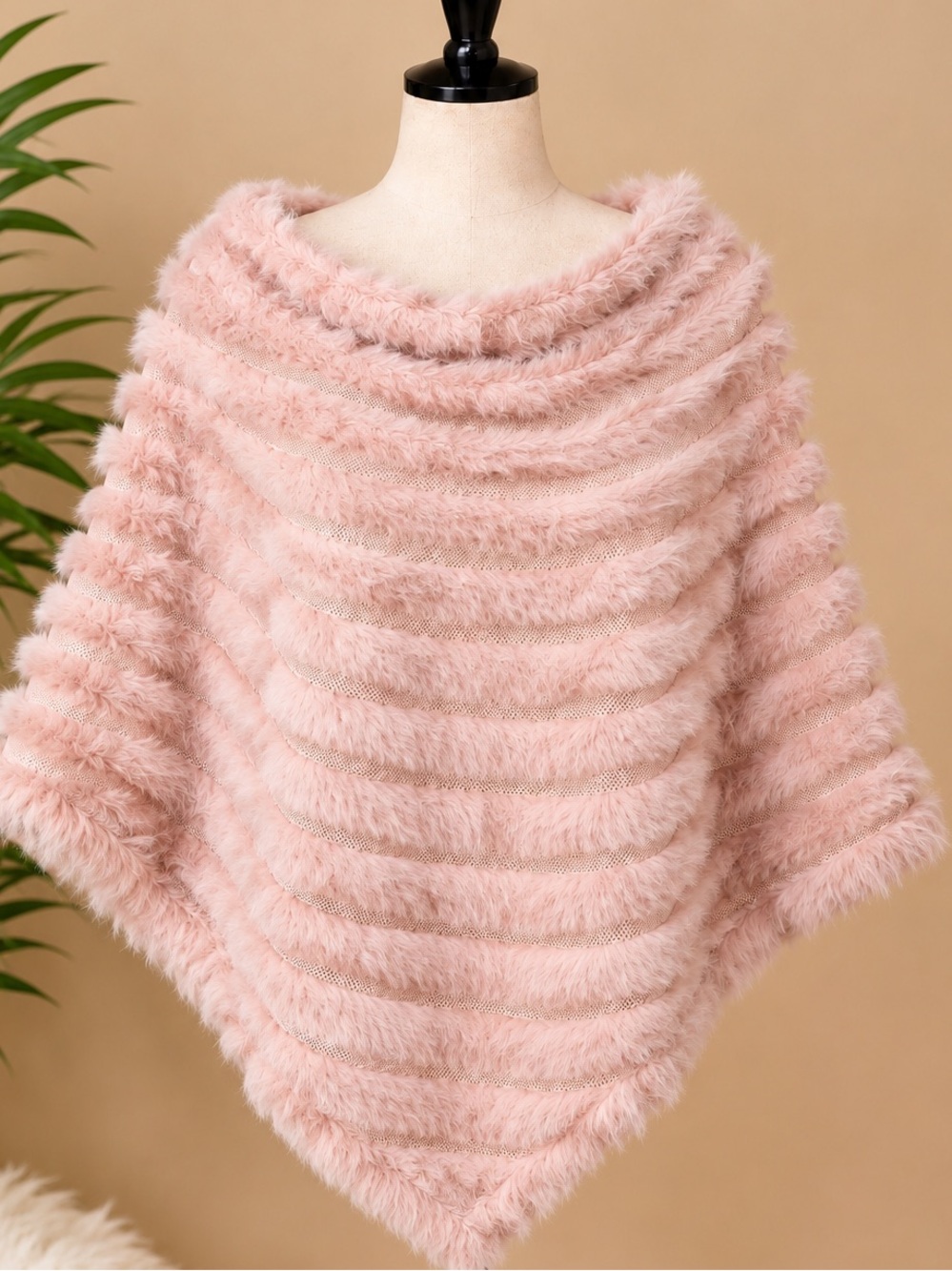 Cejon Genuine Rabbit Fur Knit Poncho Cape Cowl Neck Scarf Blush Pink